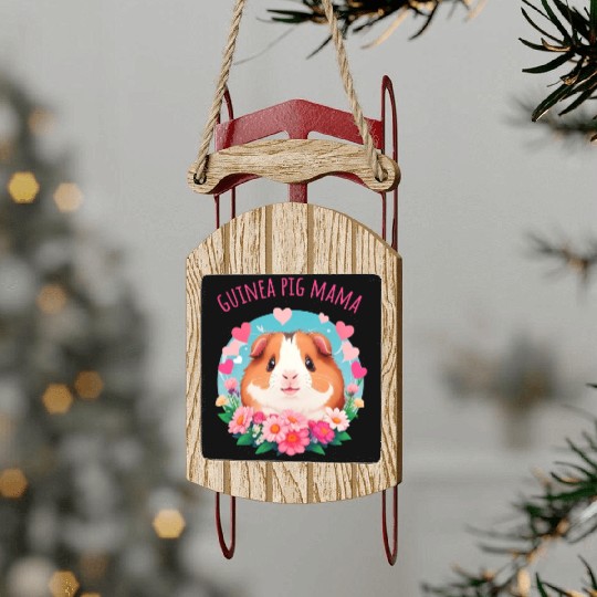 Guinea pig Mama Flowers and Hearts Sled Ornaments
