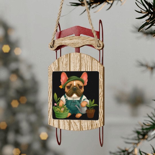 Frenchie The Gardener Drawing Sled Ornaments