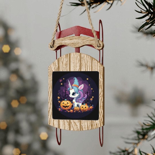 Halloween Unicorn: Midnight Sunset & Witch's Hat Sled Ornaments