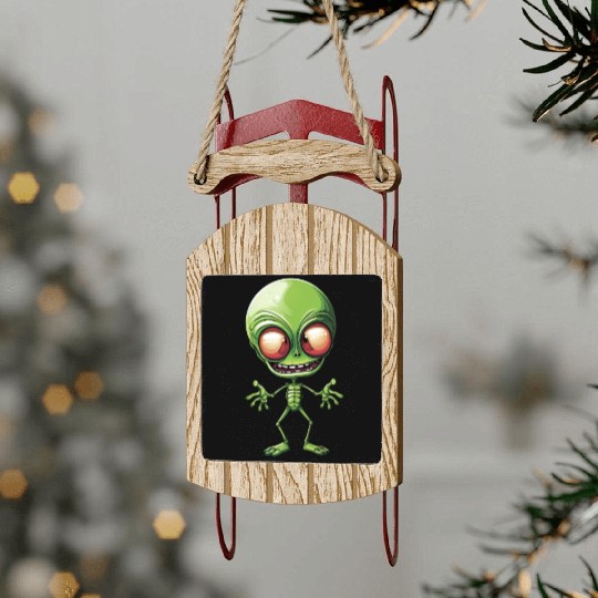 Green Alien: Giant Head from Outer Space Sled Ornaments