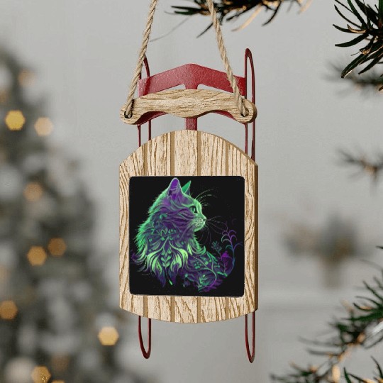 a green and purple Cat Sled Ornaments