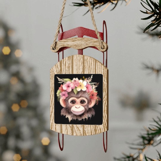 Monkey Chimpanzee Jungle Animal Boho Floral Ape Sled Ornaments