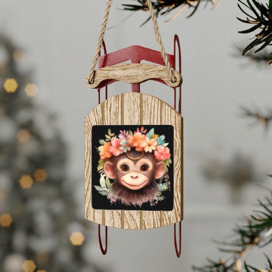 Monkey Chimpanzee Jungle Animal Boho Floral Ape Sled Ornaments