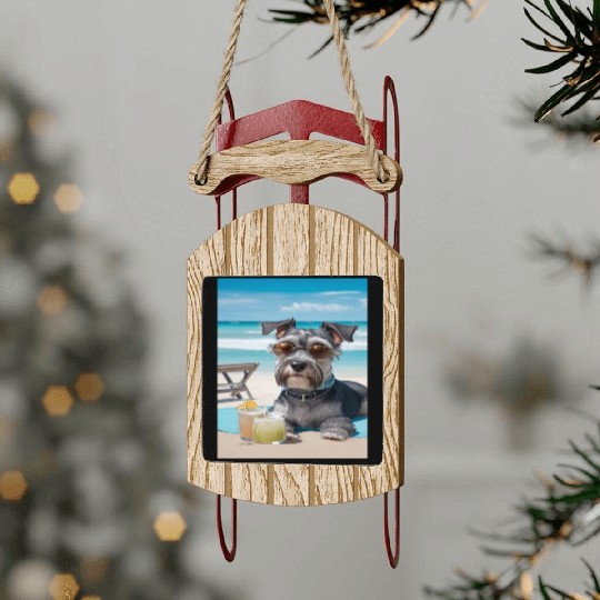 Schnauzer Chilling at the Beach with a Drink Sled Ornaments