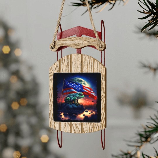America frog under Moon with American Flag Sled Ornaments