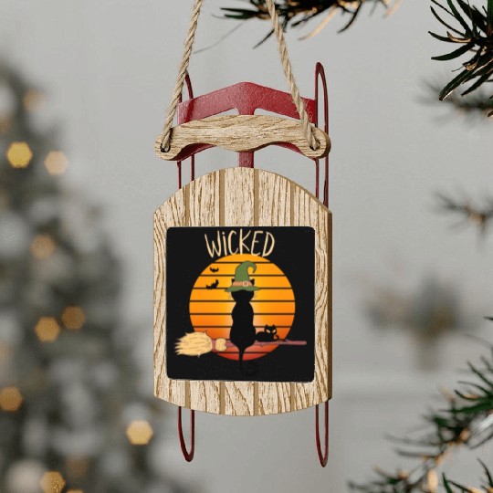 Wicked Cat Witch Funny Halloween Witch Sled Ornaments