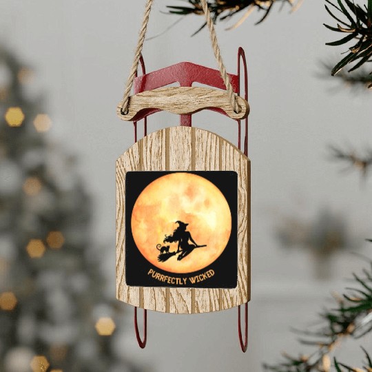 Wicked Cat Witch Funny Halloween Witch Sled Ornaments