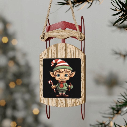 Christmas Elf Candy Cane X-Mas Pajamas Party Sled Ornaments