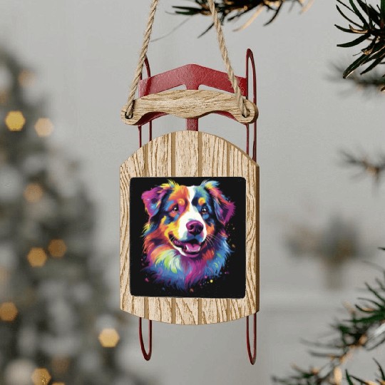 Watercolor Colorful Australian Shepherd Sled Ornaments