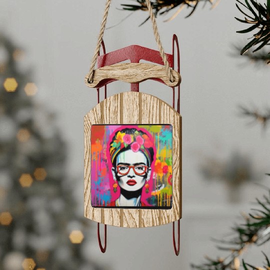 Frida Kahlo style urban art colorfull graffiti Sled Ornaments