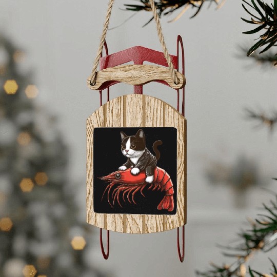 Cat rides shrimp Sled Ornaments