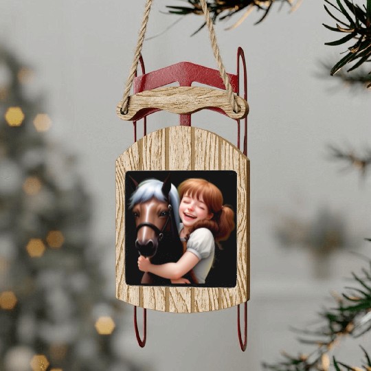 Little Girl Hugs Her Pony Sled Ornaments
