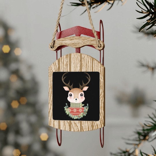 cute deer with sweater and Christmas wreath Sled Ornaments