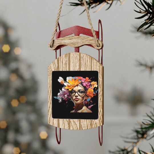 Beautiful girl flower on head. Sled Ornaments