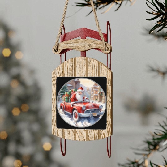 Santa Claus rides in a convertible car Sled Ornaments