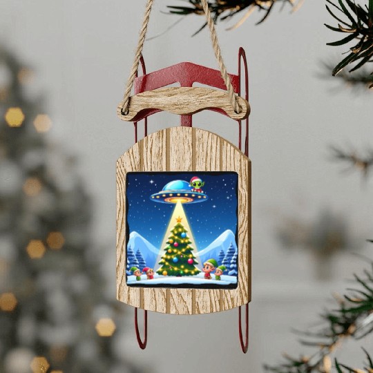 Christmas Alien UFO Elf Abduction Sled Ornaments