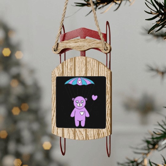 Cheerful Purple Teddy bear with a Heart Balloon Sled Ornaments