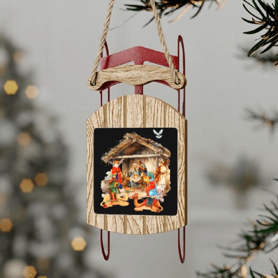 Nativity scene with Mary Joseph Baby Jesus Sled Ornaments
