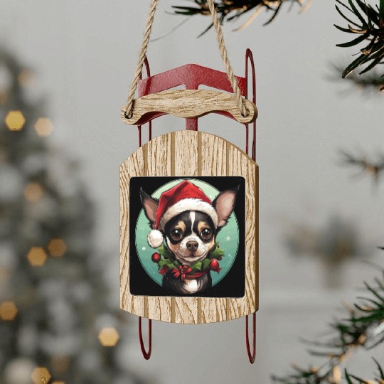 Dog of the Chihuahua breed celebrating Christmas Sled Ornaments