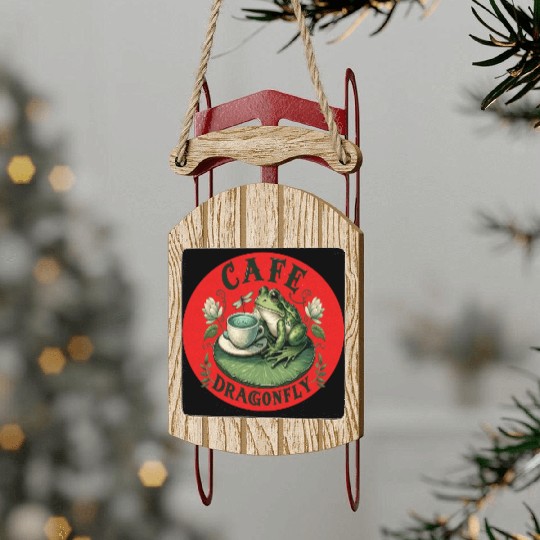 Cafe Dragonfly: Whimsical Serene Frog on Lily Pad Sled Ornaments