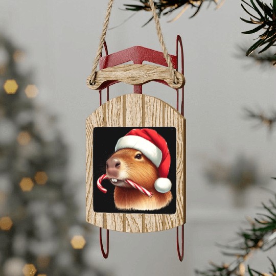 Festive capybara with candy cane Sled Ornaments