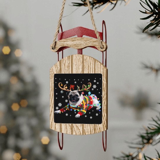 Funny Pug Dog Christmas Reindeer Christmas Lights Sled Ornaments