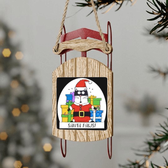 Surprised Cat Christmas Eve and Santa Paws Sled Ornaments