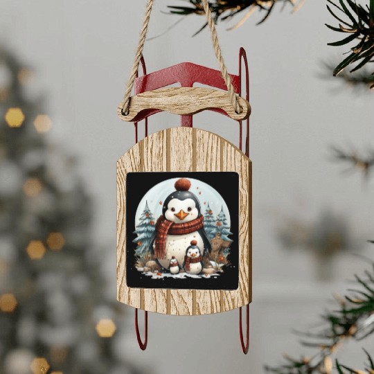 Adorable penguins in Christmas sweaters decorating Sled Ornaments