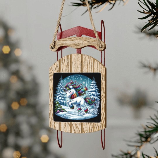 Unicorn in a Winter Wonderland Sled Ornaments