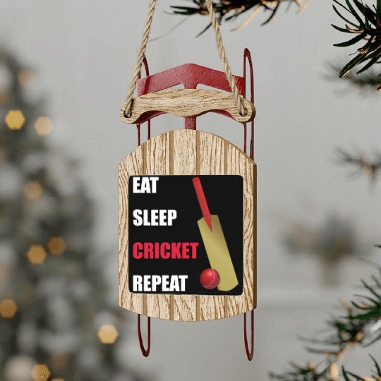 Eat Sleep Cricket Repeat Red and White Text Sled Ornaments