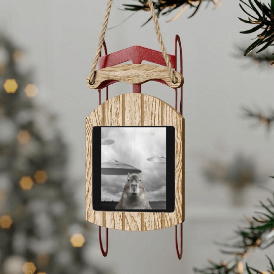 Funny Graphic Capybara Selfie with UFOs Weird Sled Ornaments