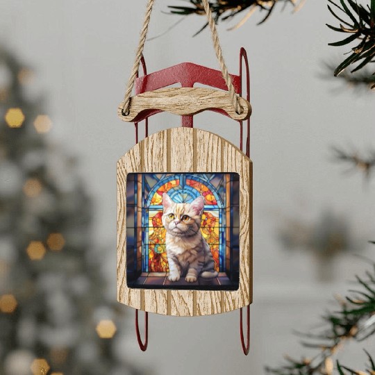 British Shorthair kitten in stained glass Sled Ornaments