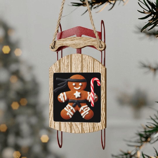 Funny Ninja Gingerbread Man Cookie Candy Cane Sled Ornaments