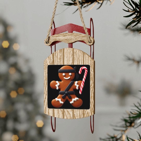 Funny Ninja Gingerbread Man Cookie Candy Cane Sled Ornaments