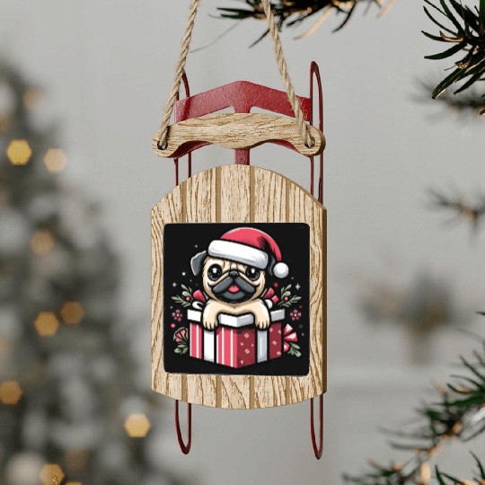 Pug In Present Dog Christmas Festive Santa Hat Sled Ornaments