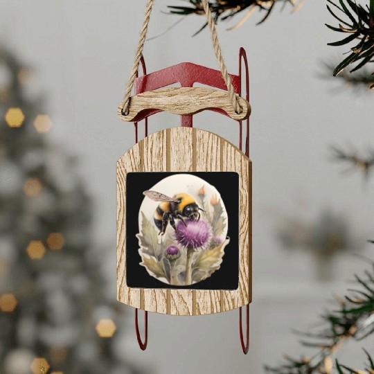 Bumblebee on thistle watercolor Sled Ornaments