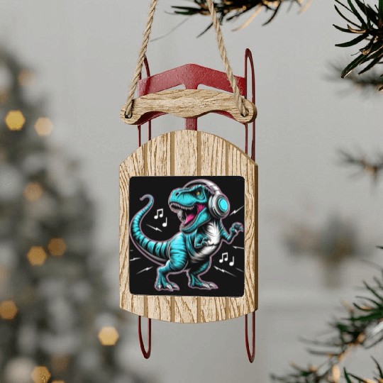 Dancing Tyrannosaurus Rex with Headphone Sled Ornaments
