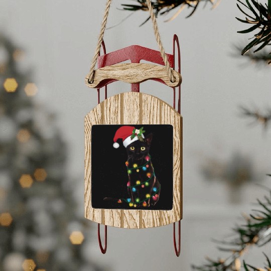 Santa Black Cat Tangled Sup In Christmas Sled Ornaments