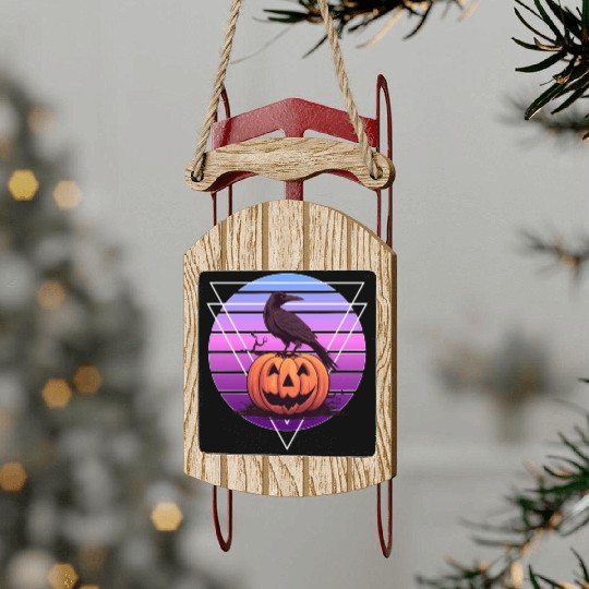 Raven Crow On Pumpkin Vaporwave Halloween Pagan Ae Sled Ornaments