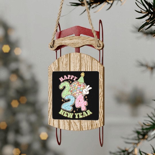 Happy New Year 2024 disco ball party Sled Ornaments