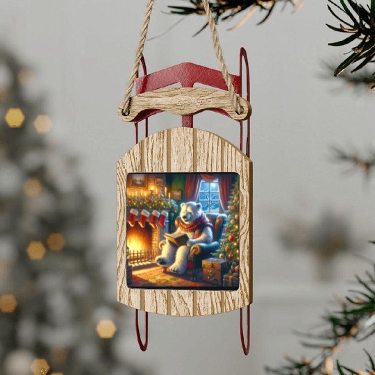 Winter Tales-Merry Cozy Bear Reading by Fireplace Sled Ornaments