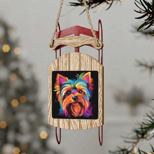 Watercolor Colorful Yorkshire Terrier Sled Ornaments