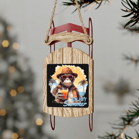 Cool Monkey With Drink Funny Animals Chimpanzee Sled Ornaments