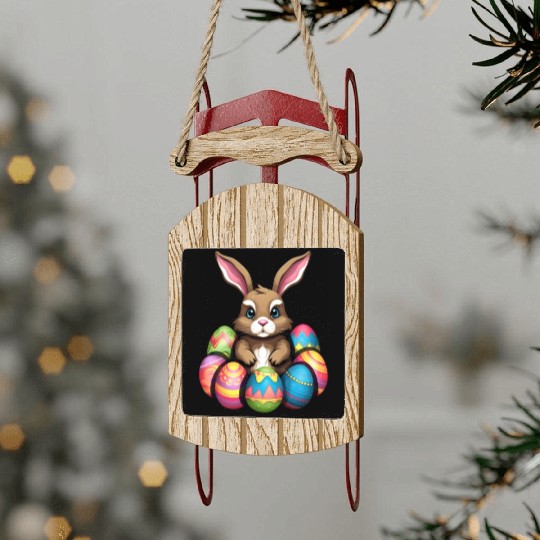 Easter Bunny Rabbit Colorful Eggs Easter Egg Hunt Sled Ornaments