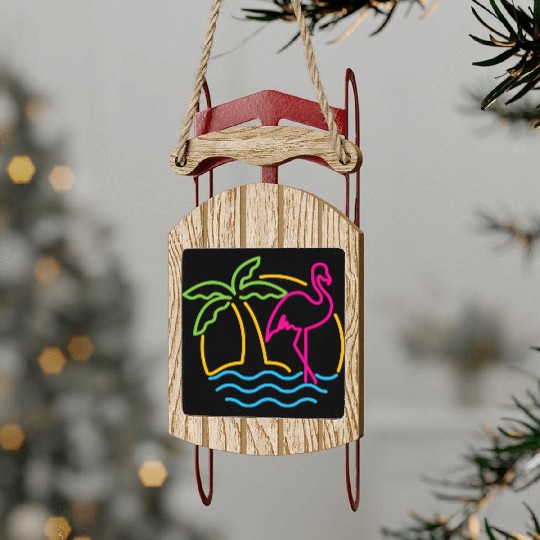 80s Vintage Miami Retro Neon Pink Flamingo Sled Ornaments