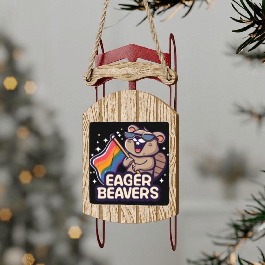 Eager Beavers with Pride LGBT Flag Sled Ornaments