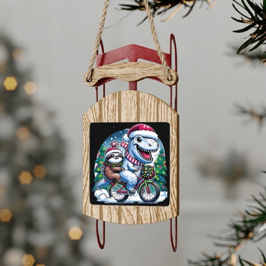 Winter Wonderland T-Rex and Sloth Cycling Duo Sled Ornaments