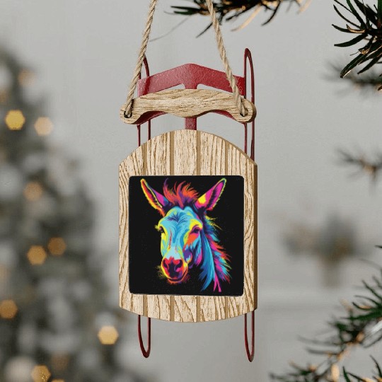 Watercolor Colorful Donkey Colorful Animals Sled Ornaments