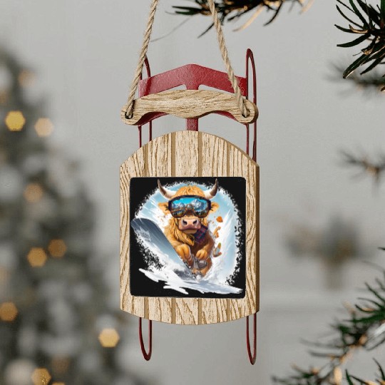 Winter sports, Highland Cow Snowboarding Sled Ornaments