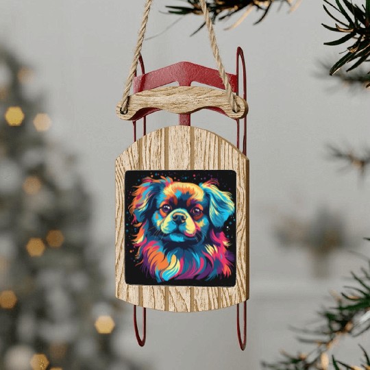 Watercolor Colorful Tibetan Spaniel Sled Ornaments